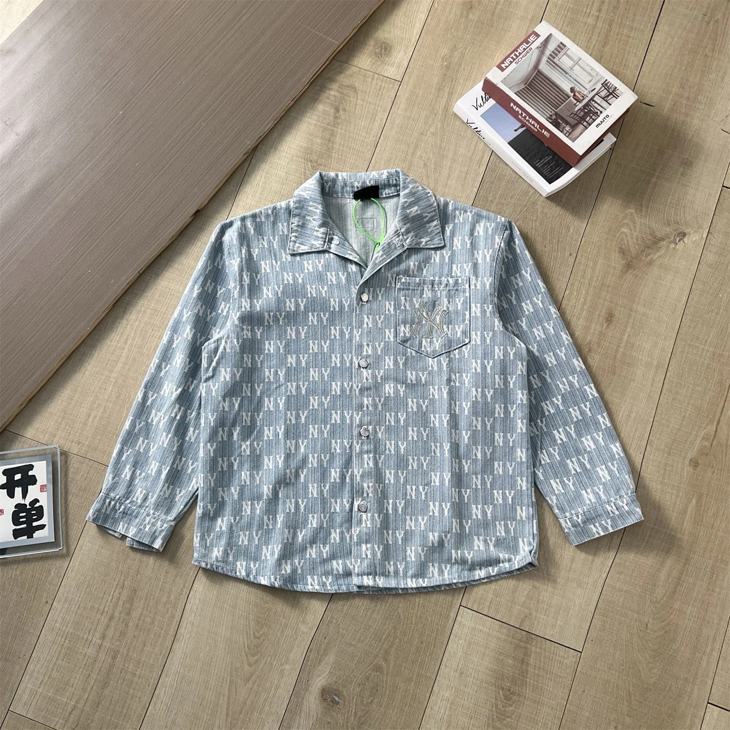 NY Logo Patterned Denim Shirt Blue Jackets