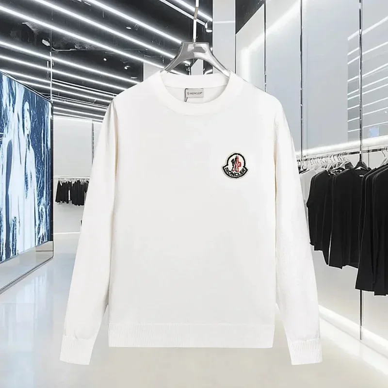 Moncler White Crew - Neck Knit Sweater with Embroidered Logo Badge
