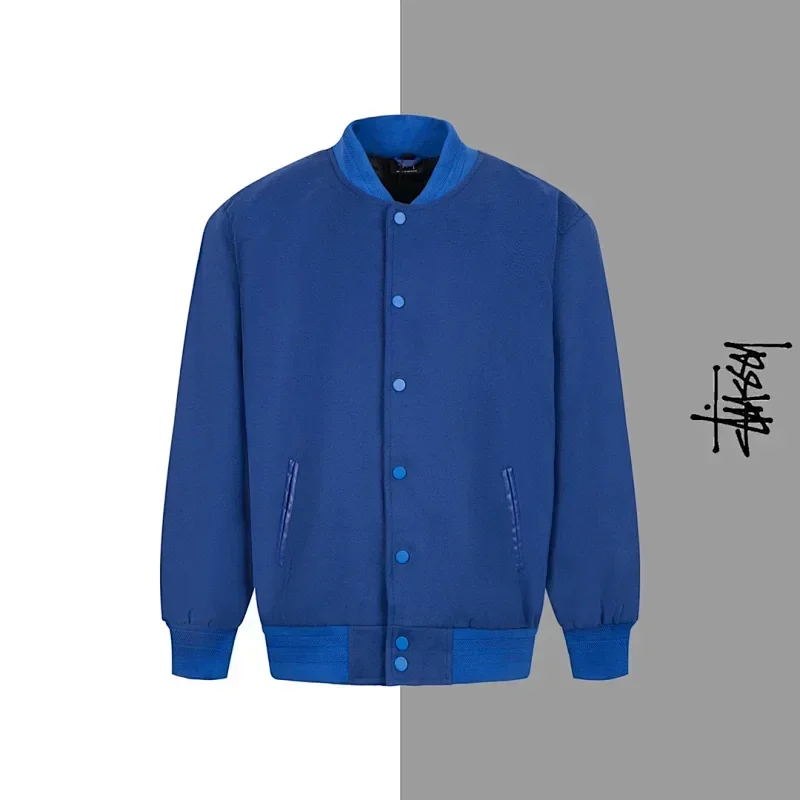 STUSSY Blue Buttoned Baseball Jacket with Ribbed Trims & Pockets