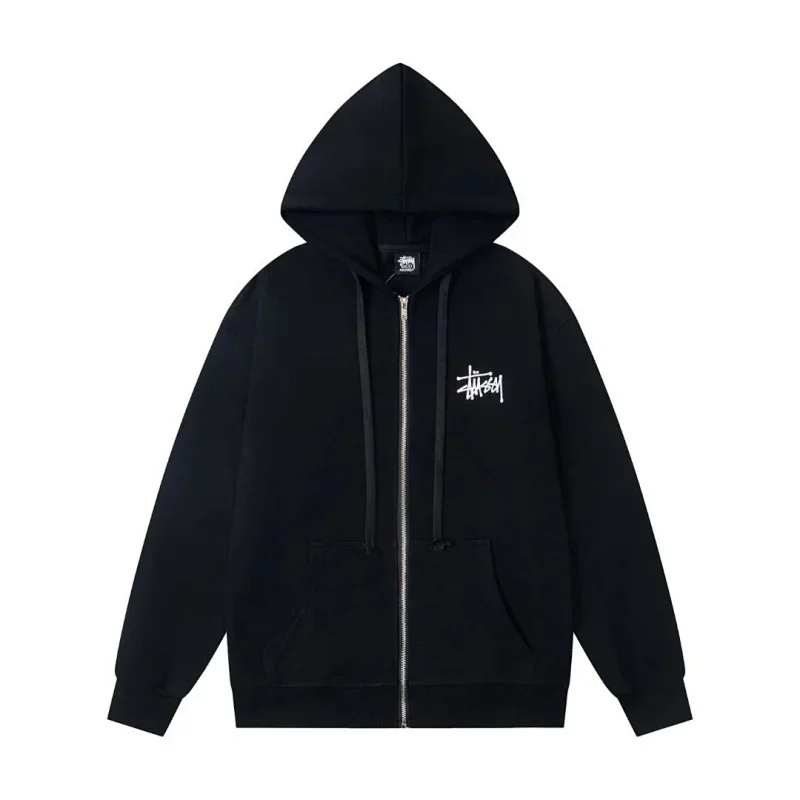 Stussy Black Zip - Up Hoodie with Logo, Kangaroo Pocket & Drawstring Hood