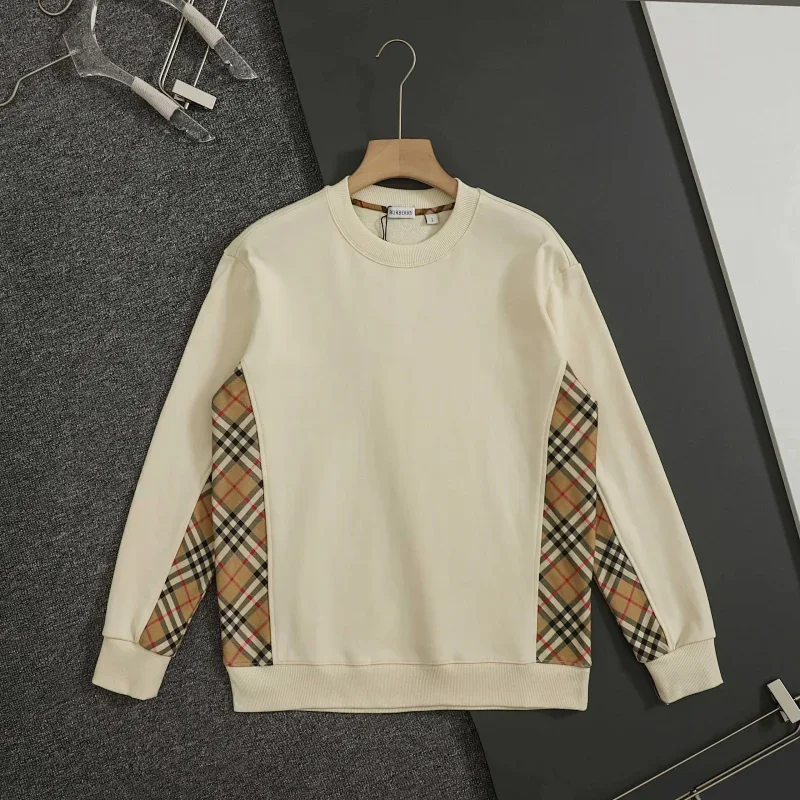 Burberry Cream Crew - Neck Sweatshirt with Plaid - Panel Details