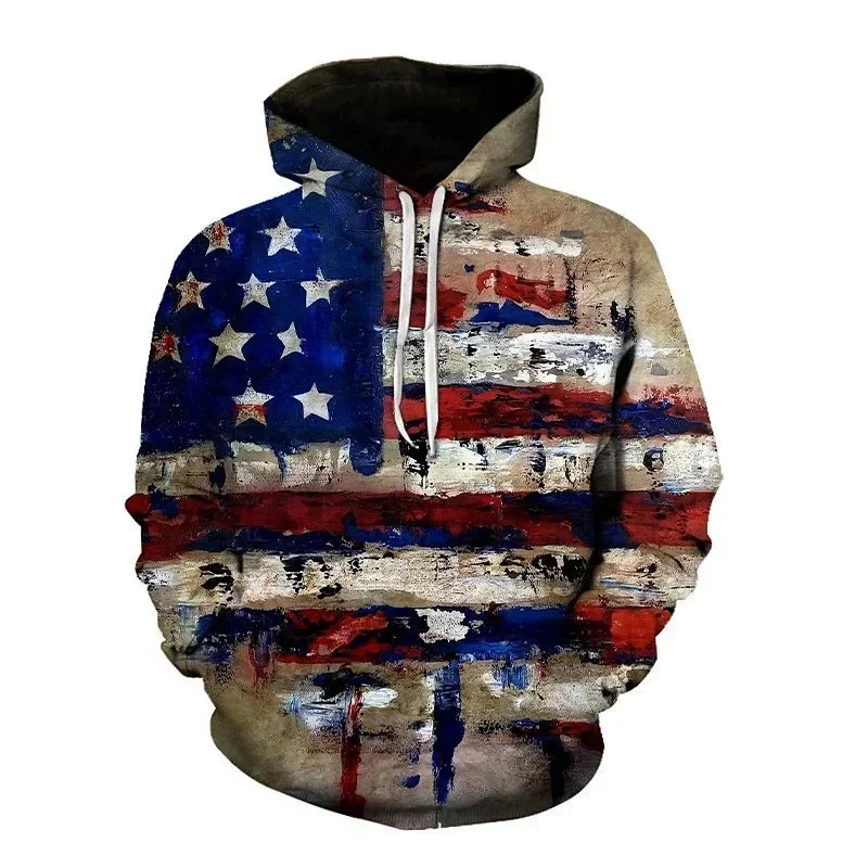 3D Printed USA Flag Graffiti Hoodie, Casual Pullover