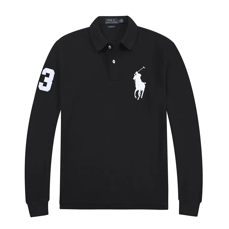 POLO Black Long - Sleeve Polo Shirt with Big Polo Player Logo & Number 3 on Sleeve