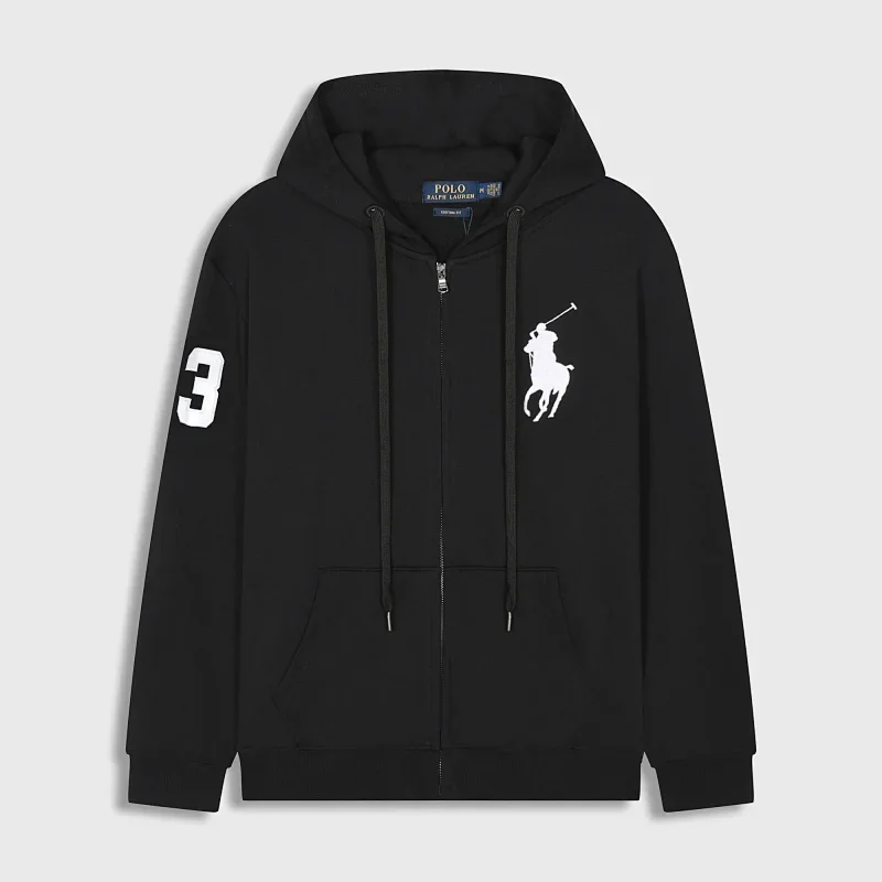 POLO Black Zip - Up Hoodie with White Polo Player, Number 3, Kangaroo Pocket, Drawstrings