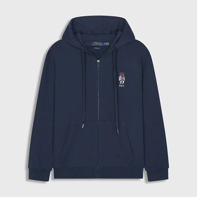 POLO Navy Zip - Up Hoodie with Polo Bear Embroidery, Drawstrings & Pockets
