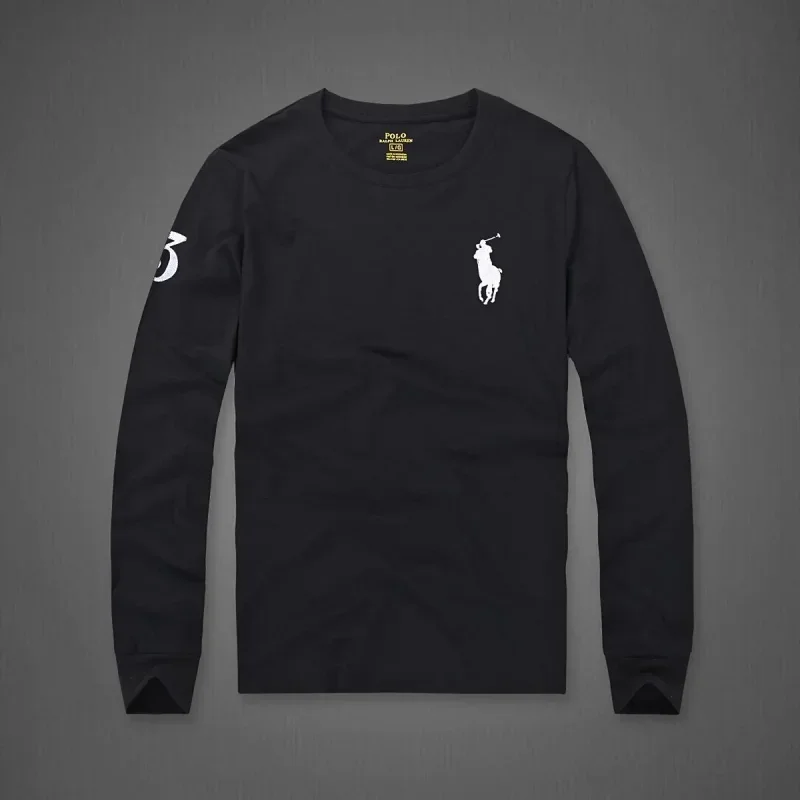 Black Polo Long - Sleeve T - Shirt with White Polo Player & Number 3 Print