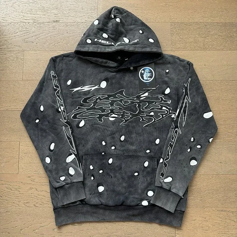 STAR Gray Hoodie with White Spots, Graffiti Print, Hooded & Kangaroo Pocket