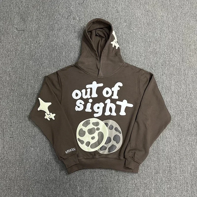 Broken Planet Hoodie with "out of sight" Text, Star & Moon Prints