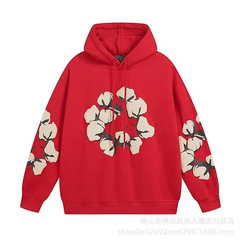 Denim Tears Red Oversized Hooded Sweatshirt with Cotton Flower Print