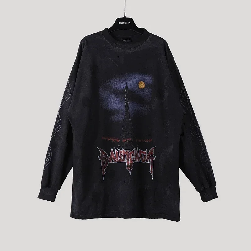 Balenciaga Black Distressed Long - Sleeve T - Shirt with Eiffel Tower, Moon, Metal Logo & Sleeve Patterns