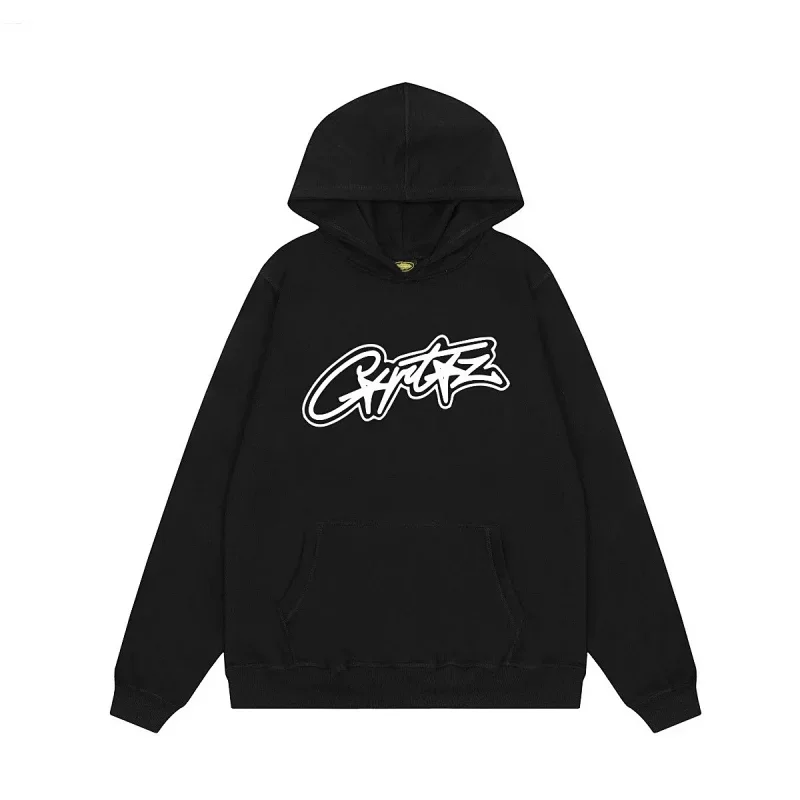 Corteiz Black Hoodie with Graffiti Logo, Kangaroo Pocket & Fleece Material