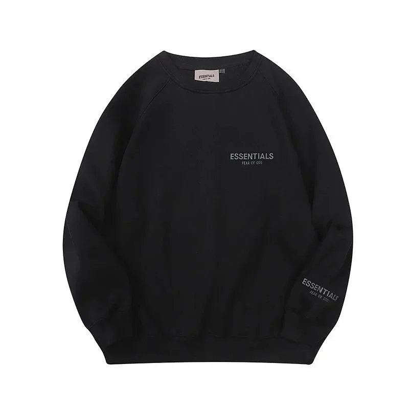 ESSENTIALS Black Crew - Neck Sweatshirt with Brand Logo Print
