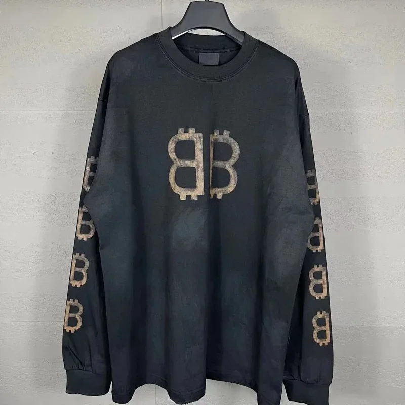 Balenciaga Black Long - Sleeve T - Shirt with BB Logo on Chest & Sleeves