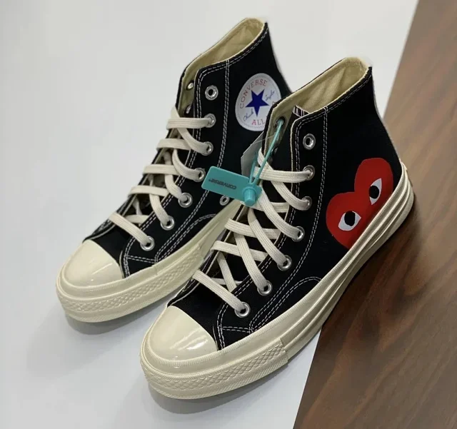 Converse x CDG Play Black High-Top Sneakers (Red Heart, White Laces, Beige Trim)