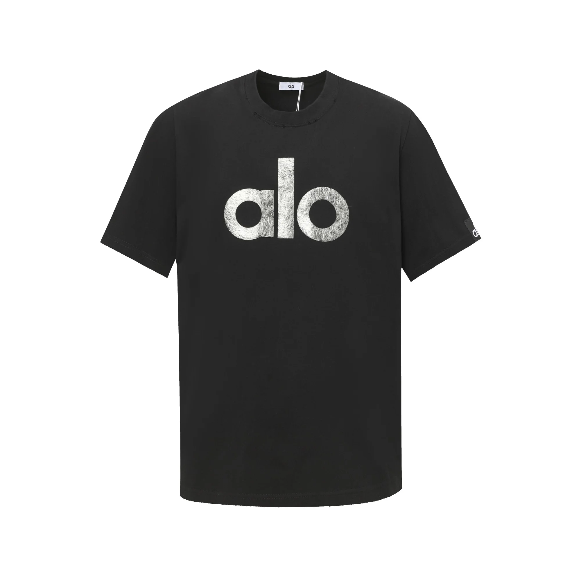 Alo 25ss Black Fuzzy Logo Distressed Cotton Loose fit T-Shirt