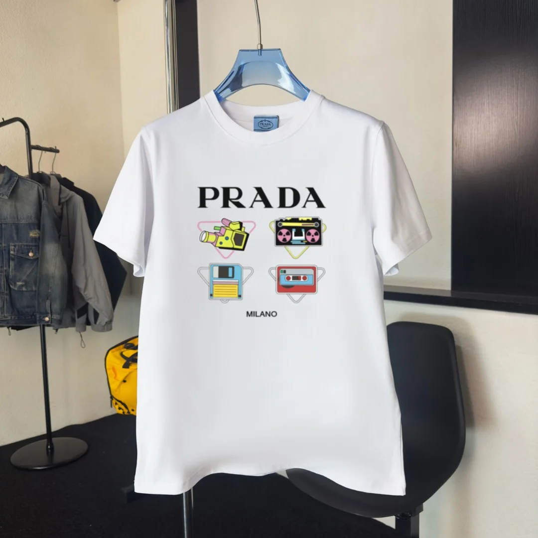 Prada 2025 White Crewneck T-Shirt Retro Prints HQ