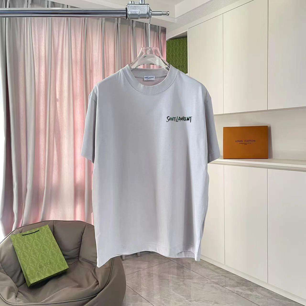 Saint Laurent 2025 Fall Logo 300g T-Shirt (Iron Gray) Unisex