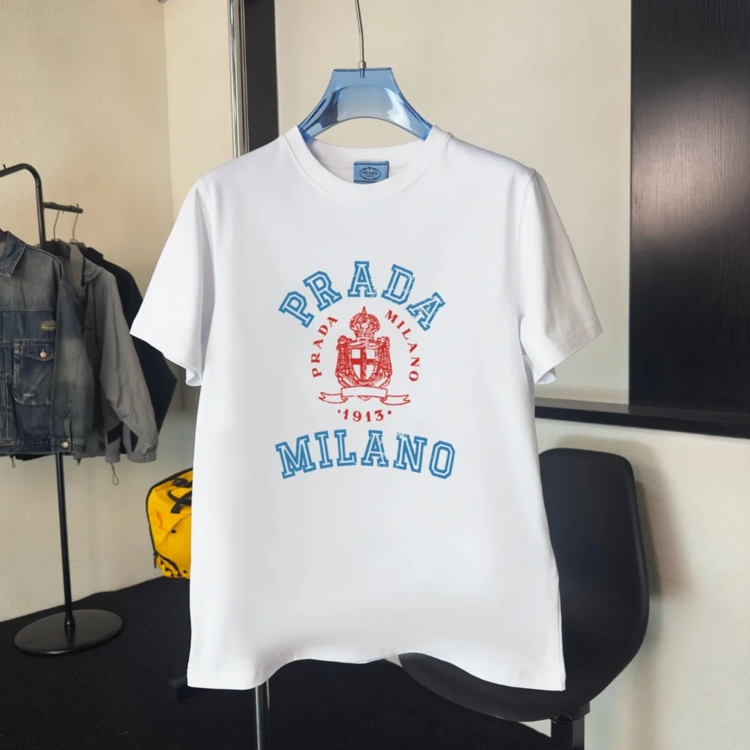 Prada 2025 New White High-Quality Crew-Neck T-Shirt