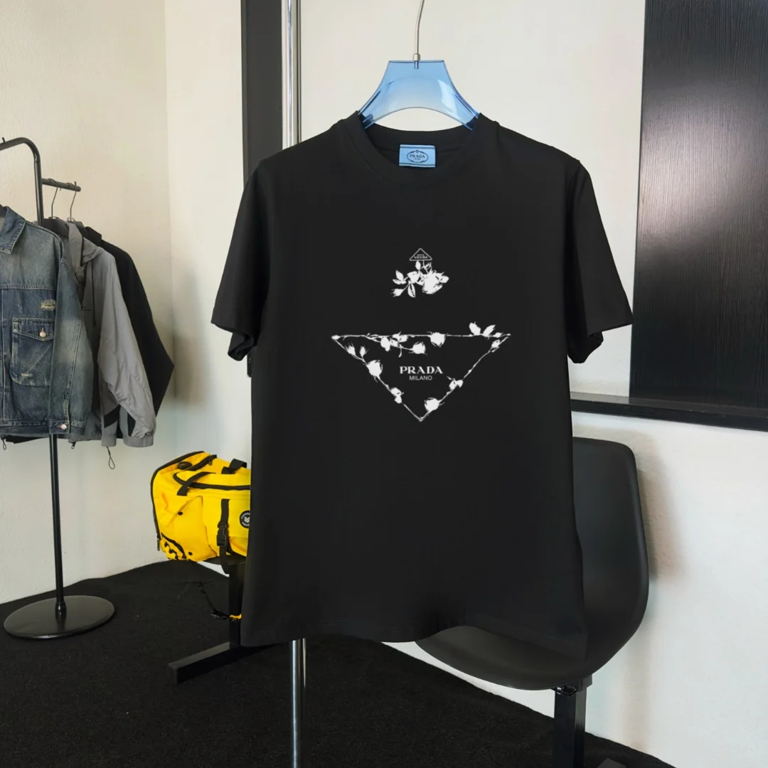 Prada 2025 Black Round Neck T-Shirt Floral Triangle