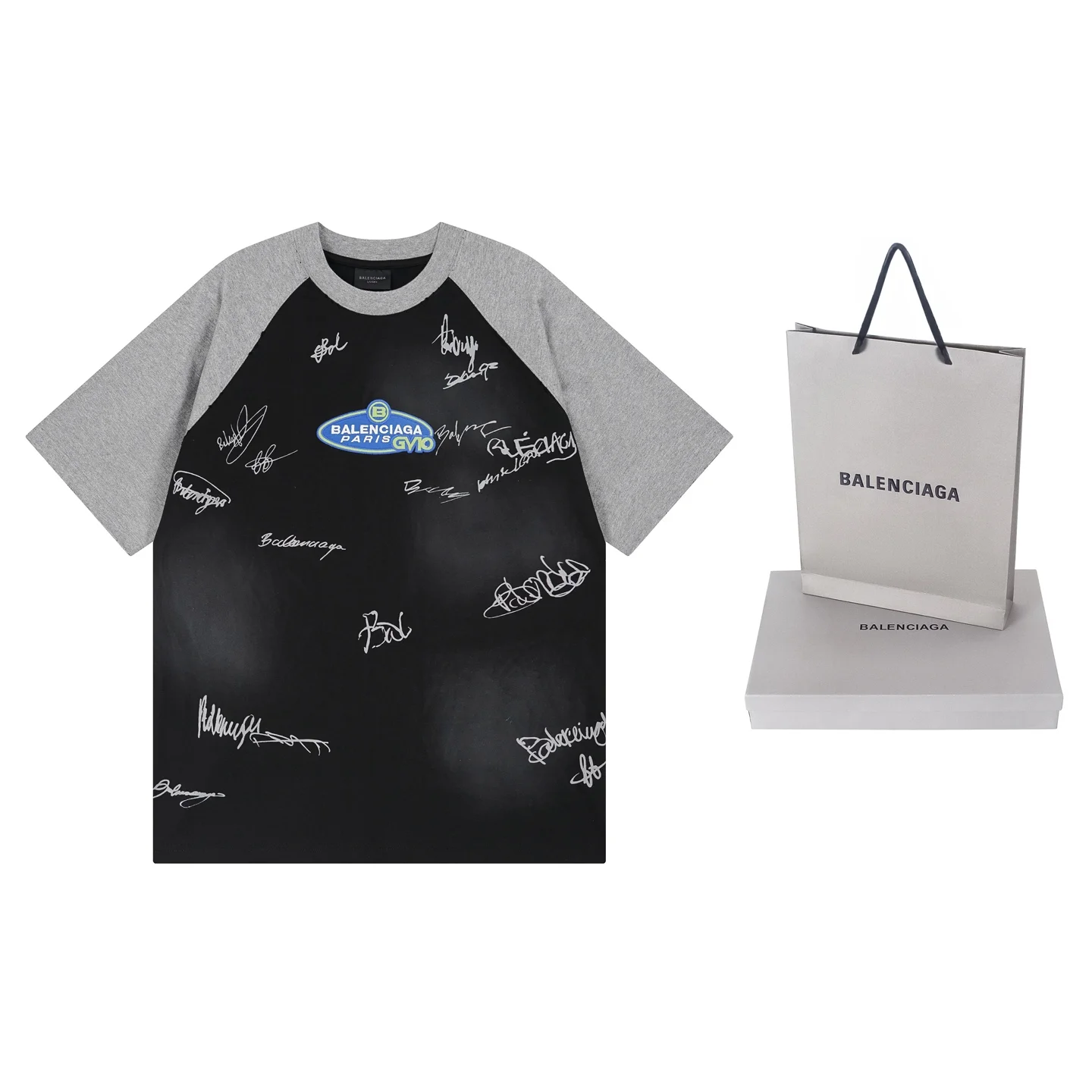 Balenciaga Black Raglan Sleeve Signature Print Embroidered T-Shirt