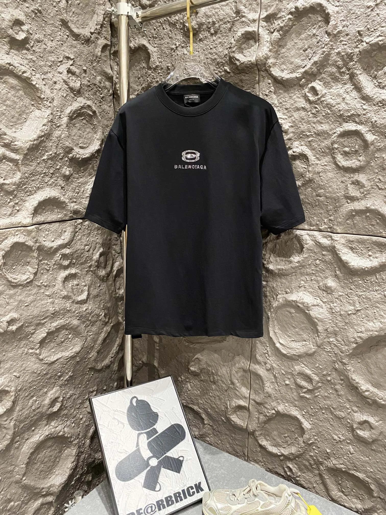 Balenciaga Black Logo Rhinestone OS Cotton T-Shirt