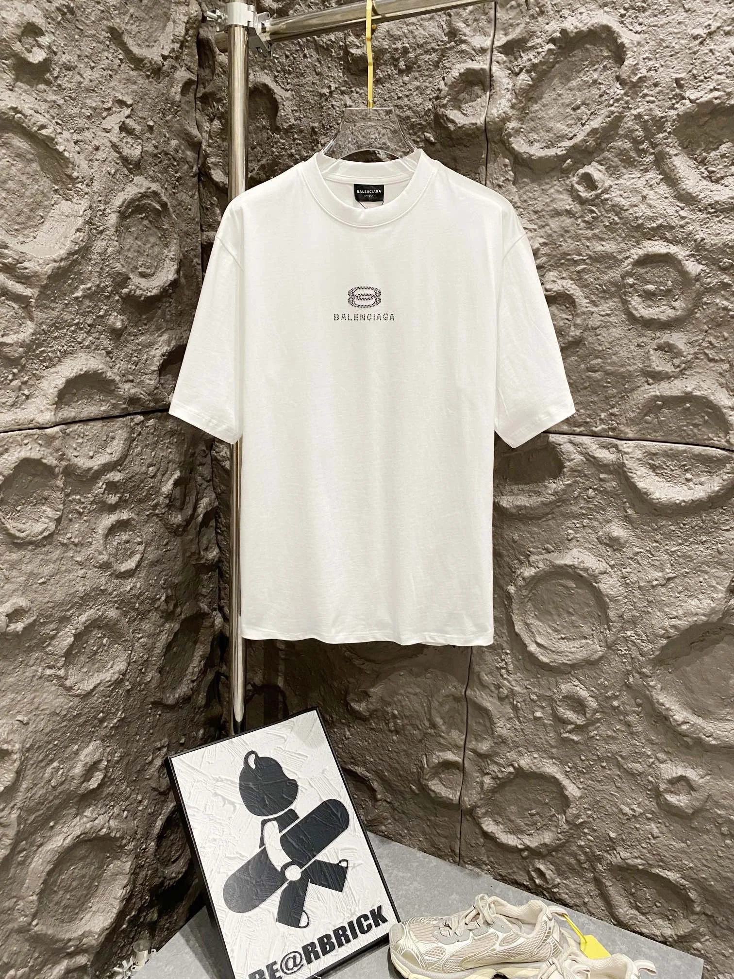 Balenciaga White Logo Rhinestone Loose T-Shirt