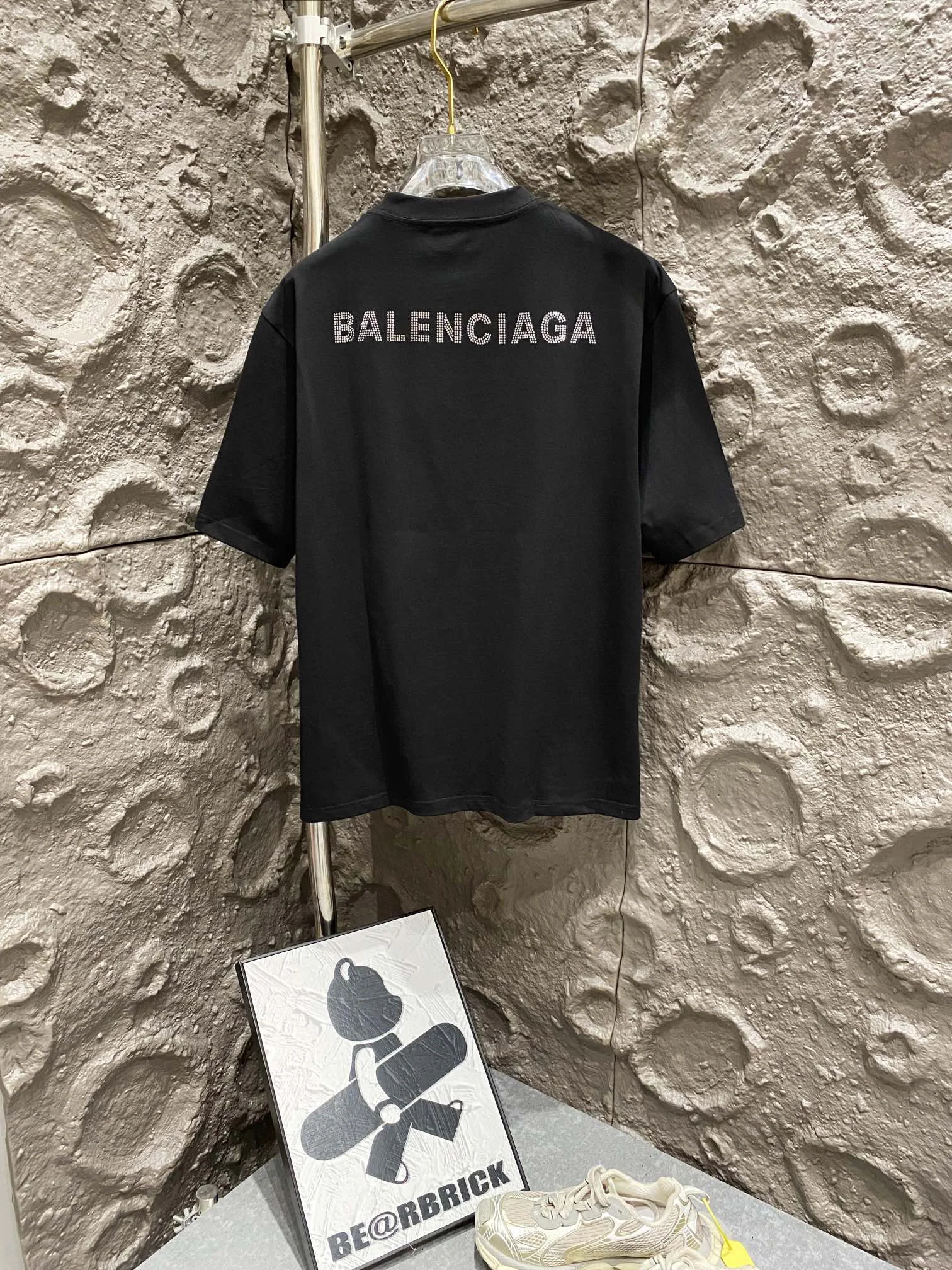 Balenciaga Black Rhinestone Logo Cotton Loose Couple T-Shirt