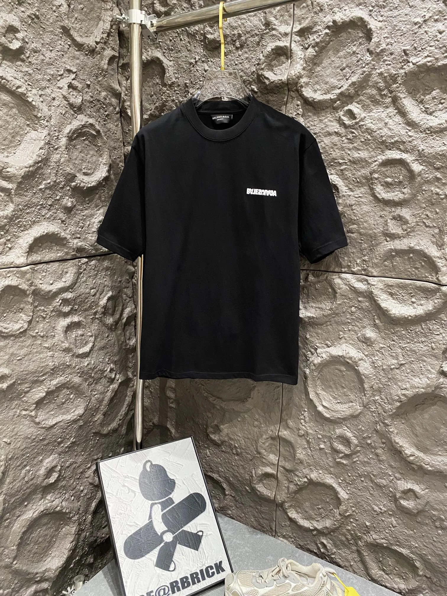Balenciaga Black Rhinestone Logo Cotton Loose Couple T-Shirt