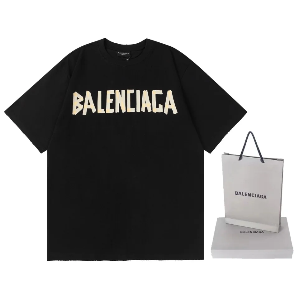 Balenciaga Washed Black Tape Print Couple T-Shirt