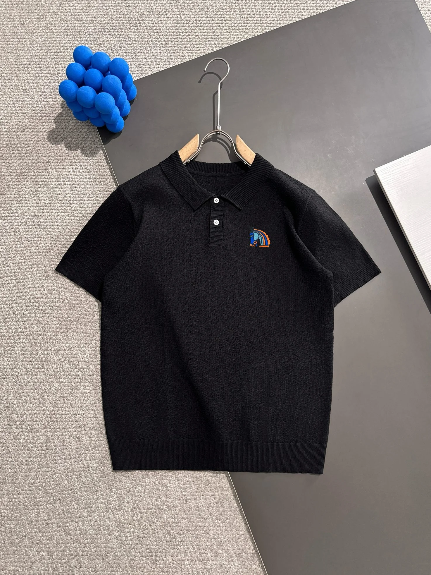 Hermès 2025 Summer Black Embroidered Polo T-Shirt