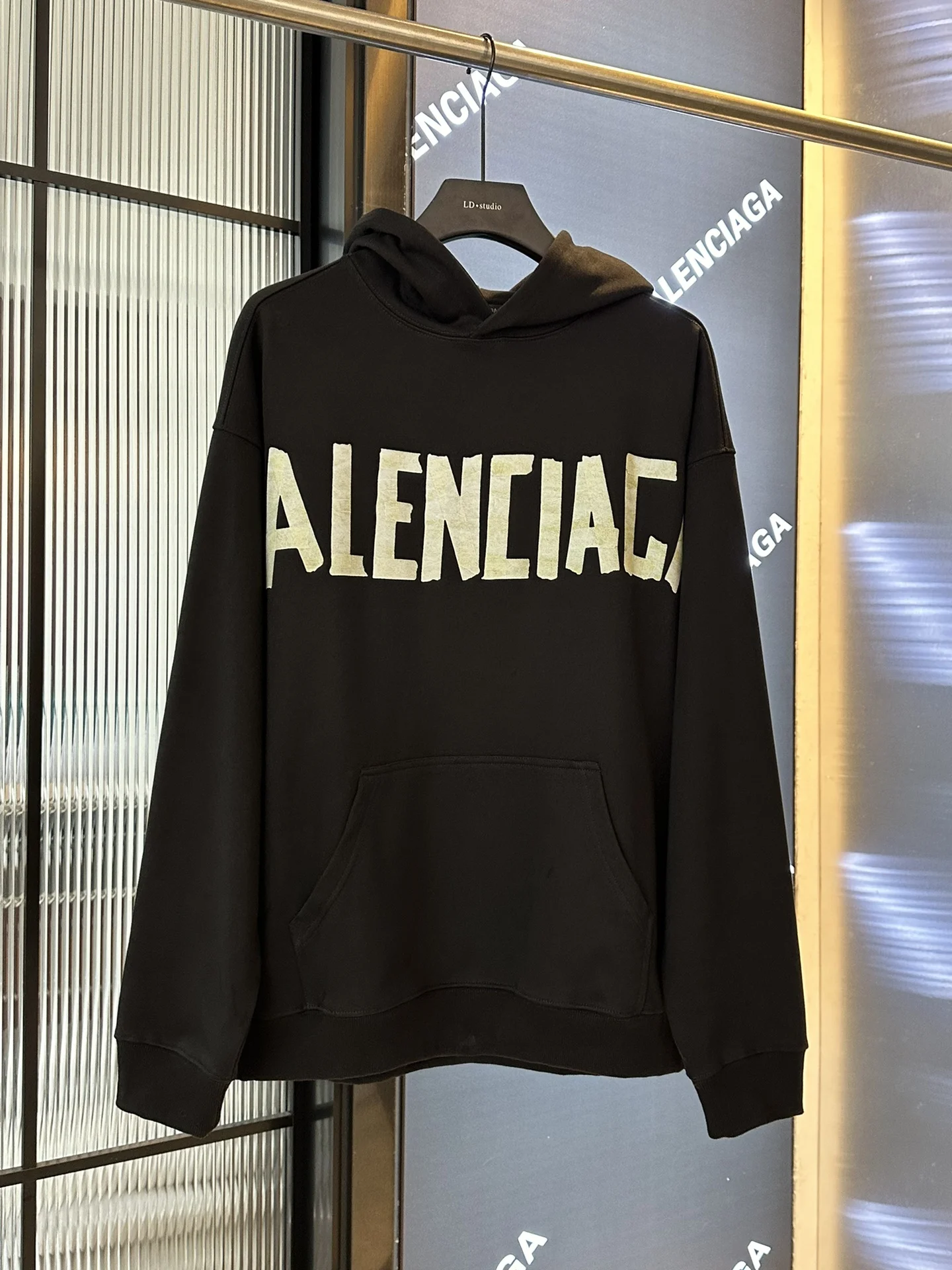 Balenciaga Black Logo Print Loose Hooded Sweatshirt