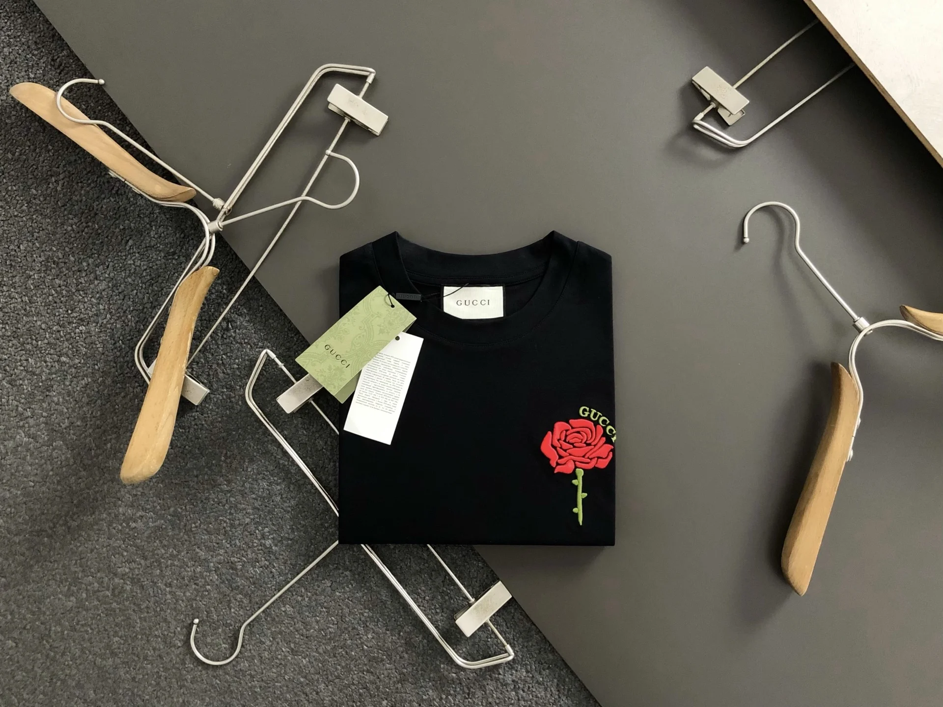 Gucci Black 3D Rose Embroidered T-Shirt