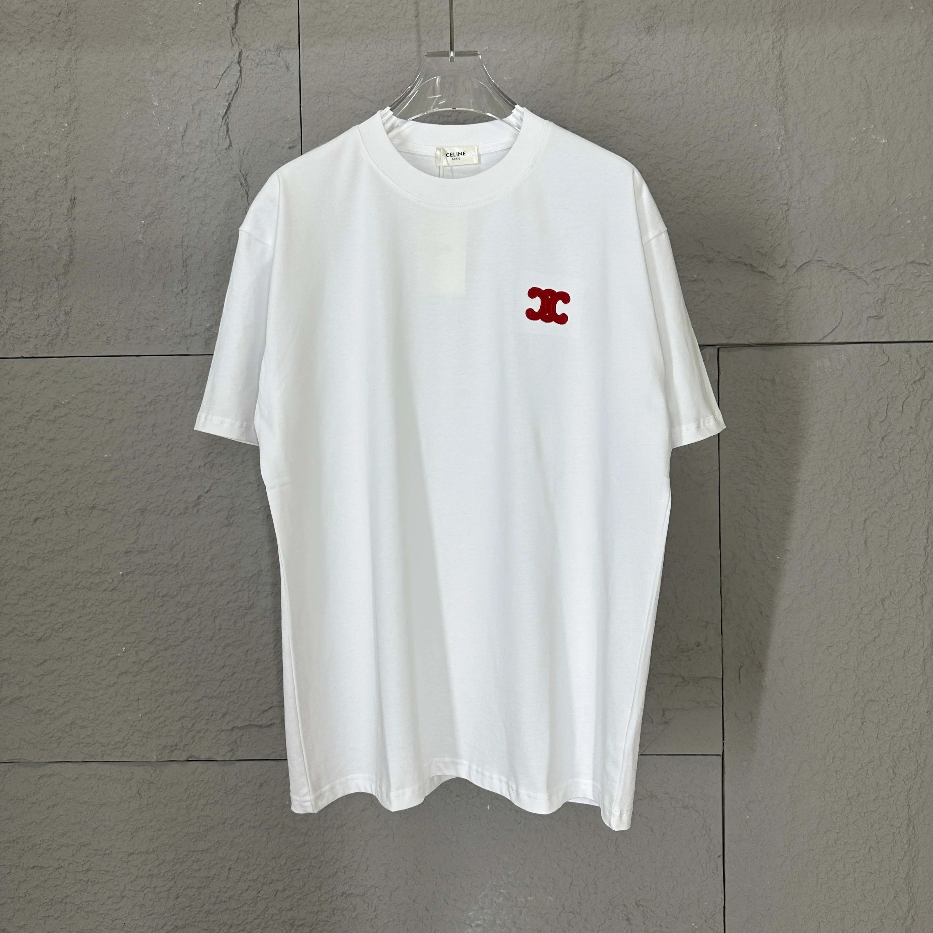 Celine White Cotton T-Shirt Red CC Embroidery