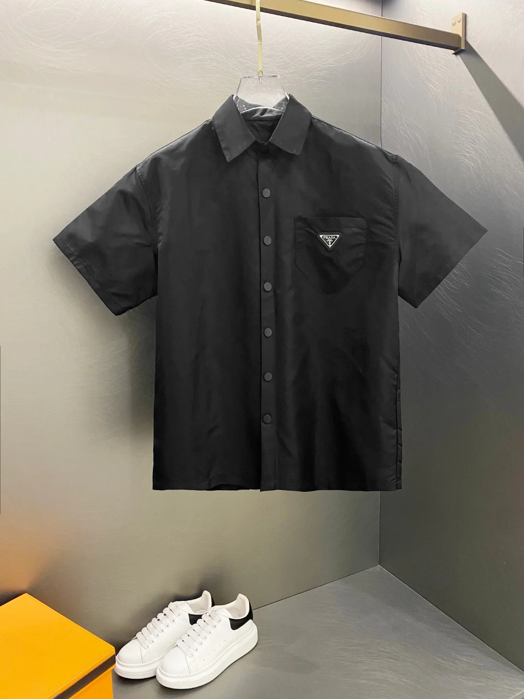 Prada 2024FW Black Nylon Triangle Logo Short Shirt
