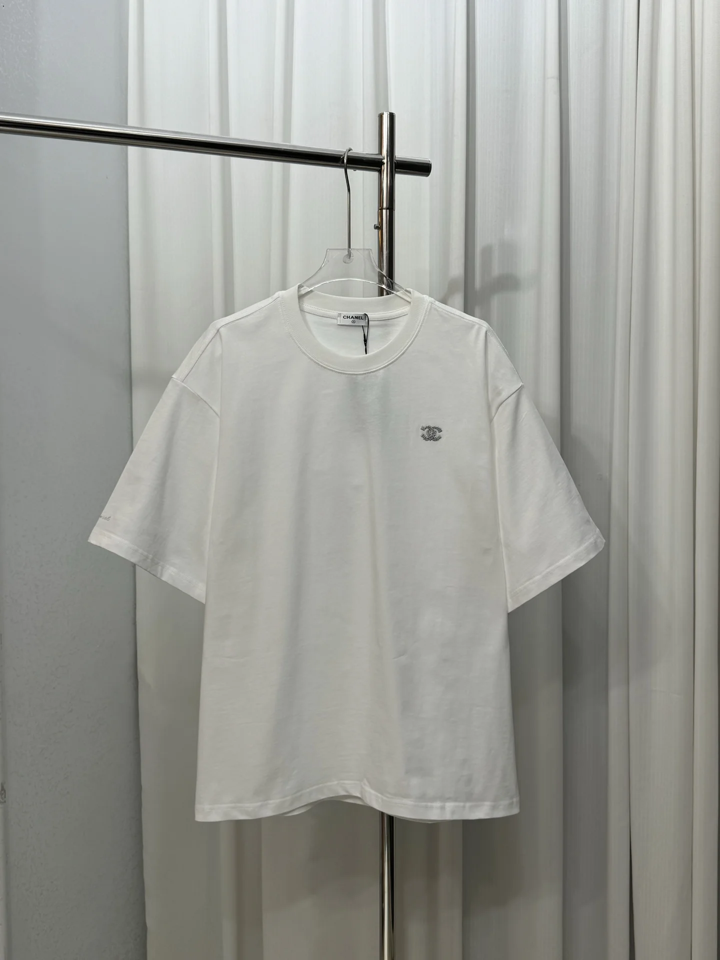 Chanel White Unisex T-Shirt With Silver Embroidered Logo, High-Gauge Cotton