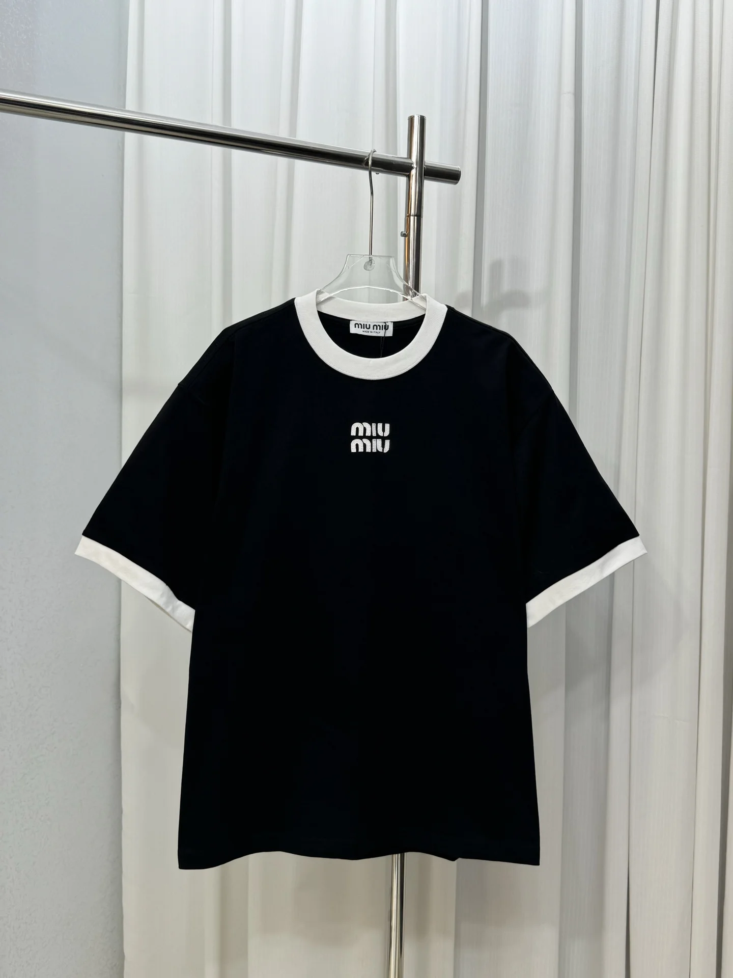 Miu Miu Black Contrast-Collar Logo Embroidery T-Shirt