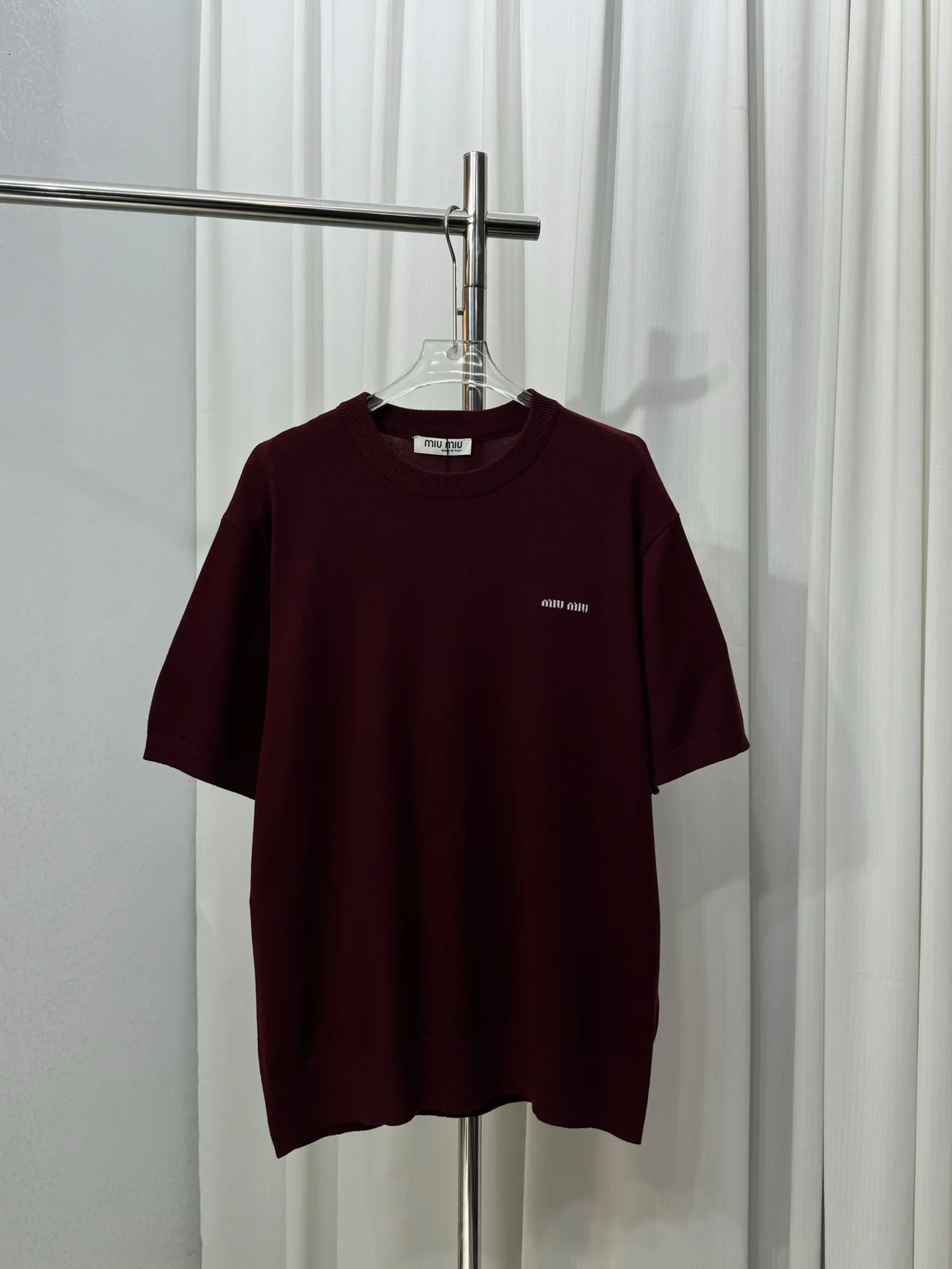 Miu Miu Burgundy Thin Wool Letter-Logo Knitted Unisex T-Shirt