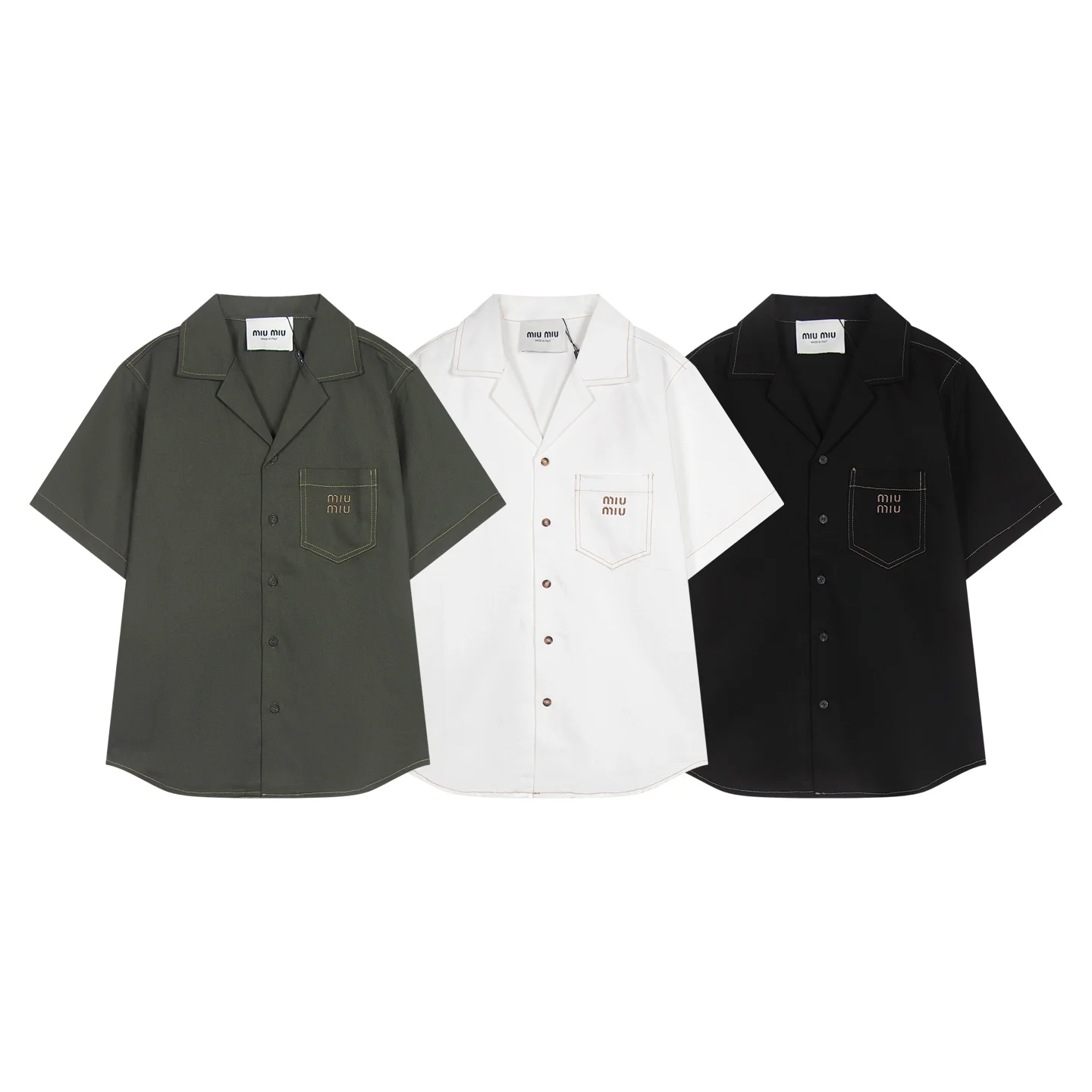 Miu Miu Army-White-Black Denim Camp-Collar Shirt
