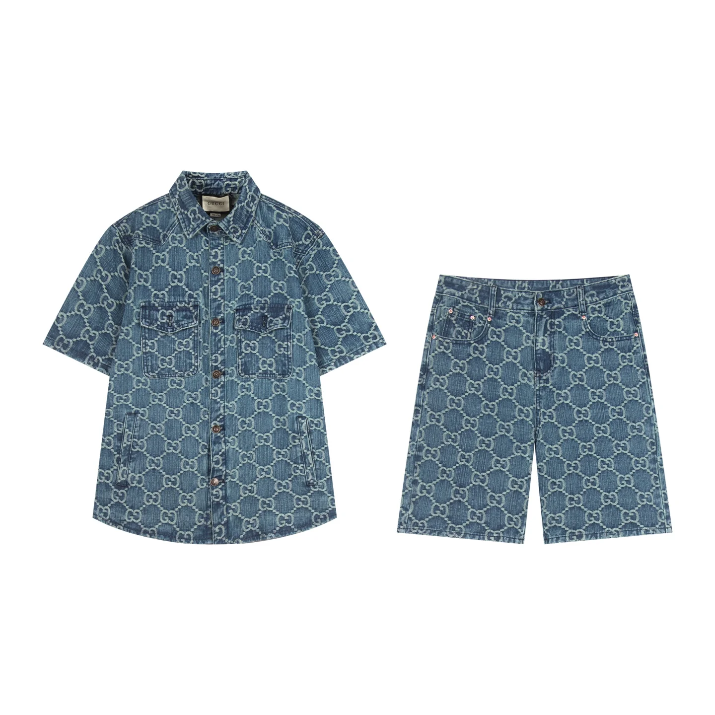 Gucci Blue Monogram Denim Short-Sleeve Set