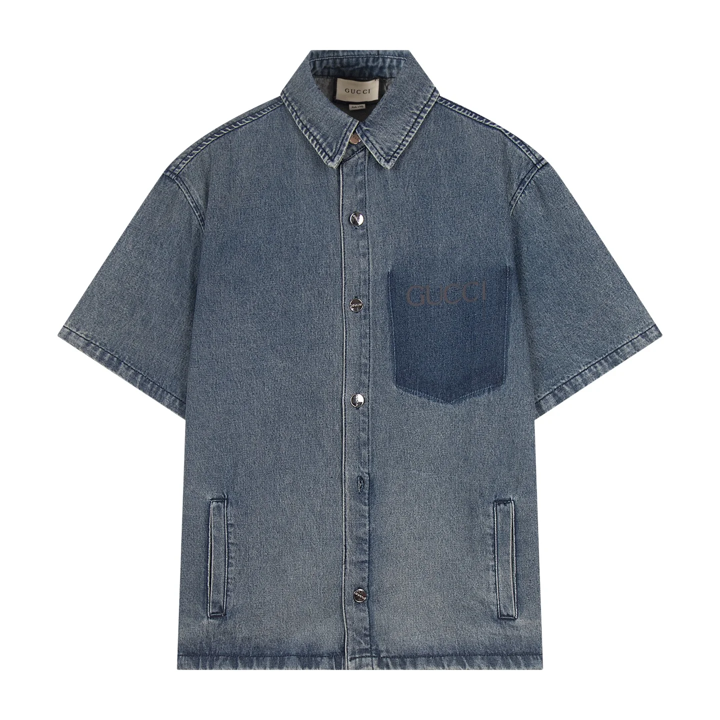 Gucci Blue Denim Short-Sleeve Shirt with GC Print