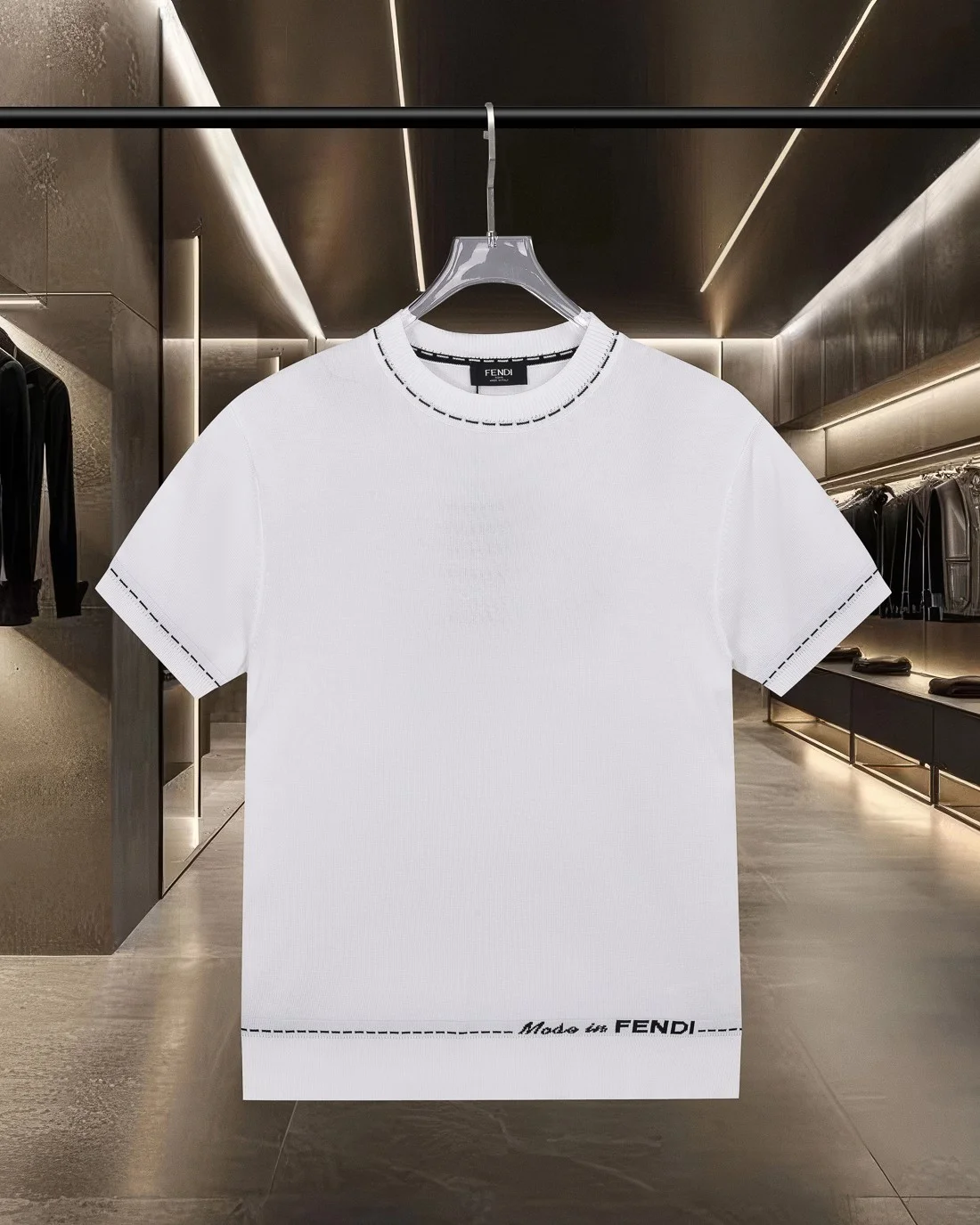 Fendi White Stitch-Embroidered Knit Casual T-Shirt