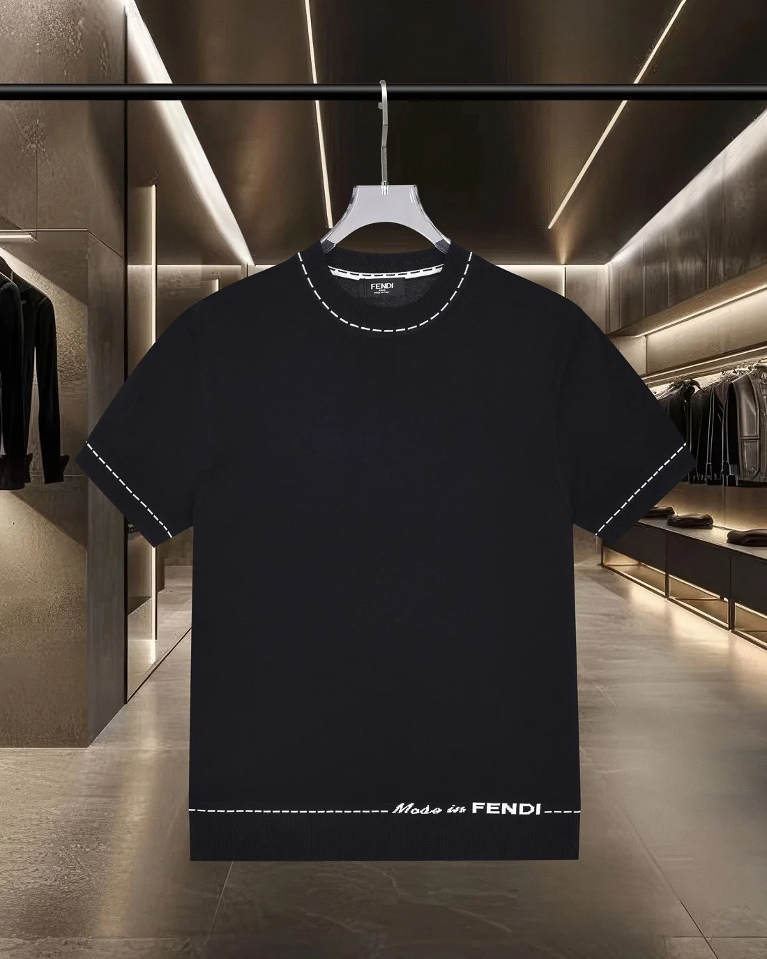 Fendi Black Stitch Jacquard Knit Casual T-Shirt 2025SS