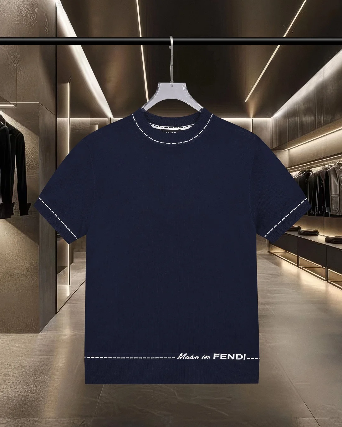 Fendi Navy Embroidered Knit Casual T-Shirt 2025SS