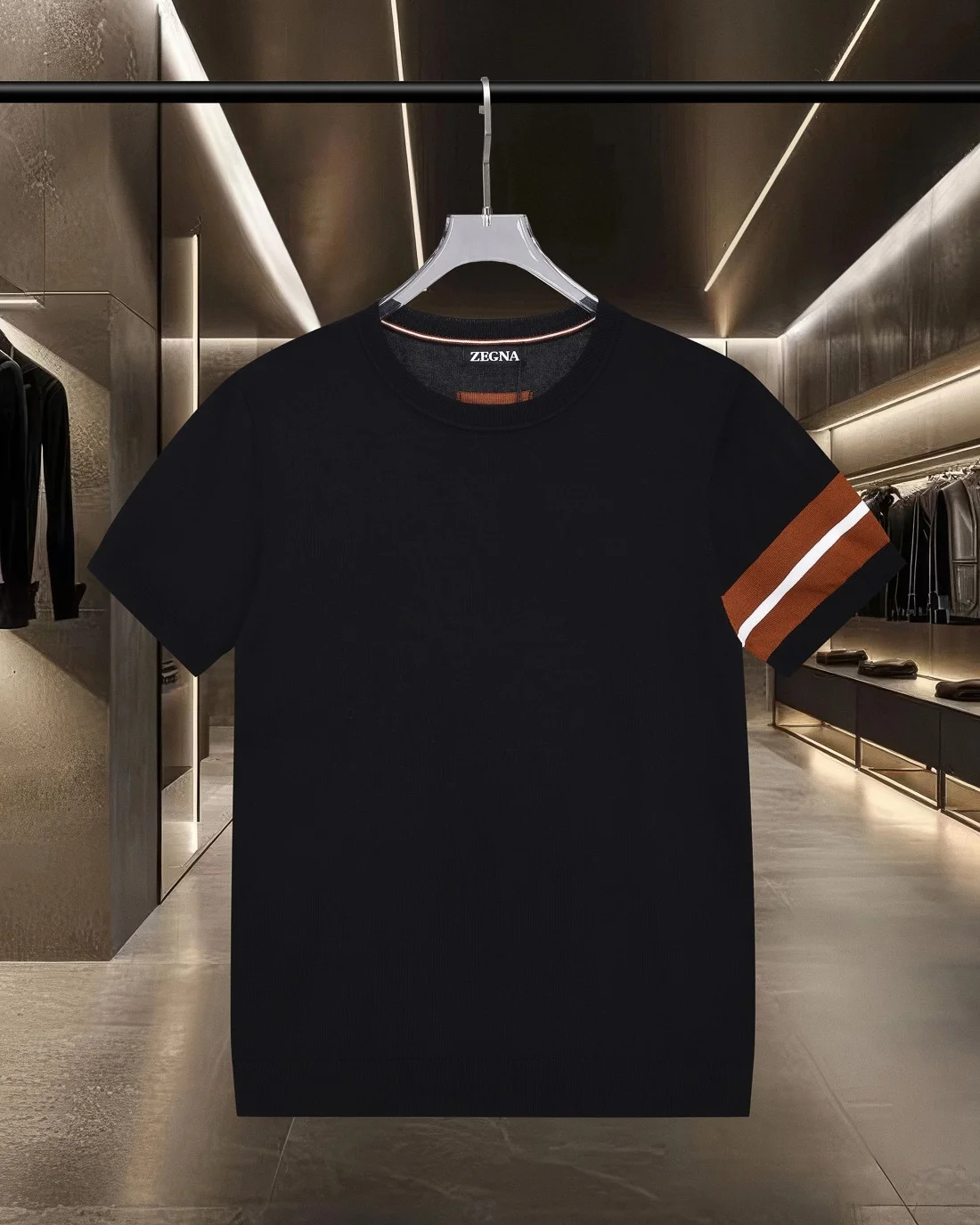ZEGNA Black Spliced Cuff Stripe Knit Casual T-Shirt