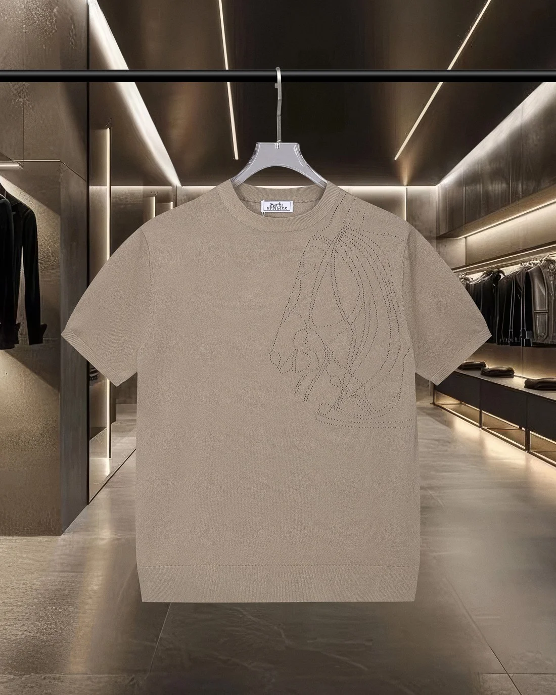 Hermès 2025ss Grey Apricot Horse Head Knit Casual T-Shirt