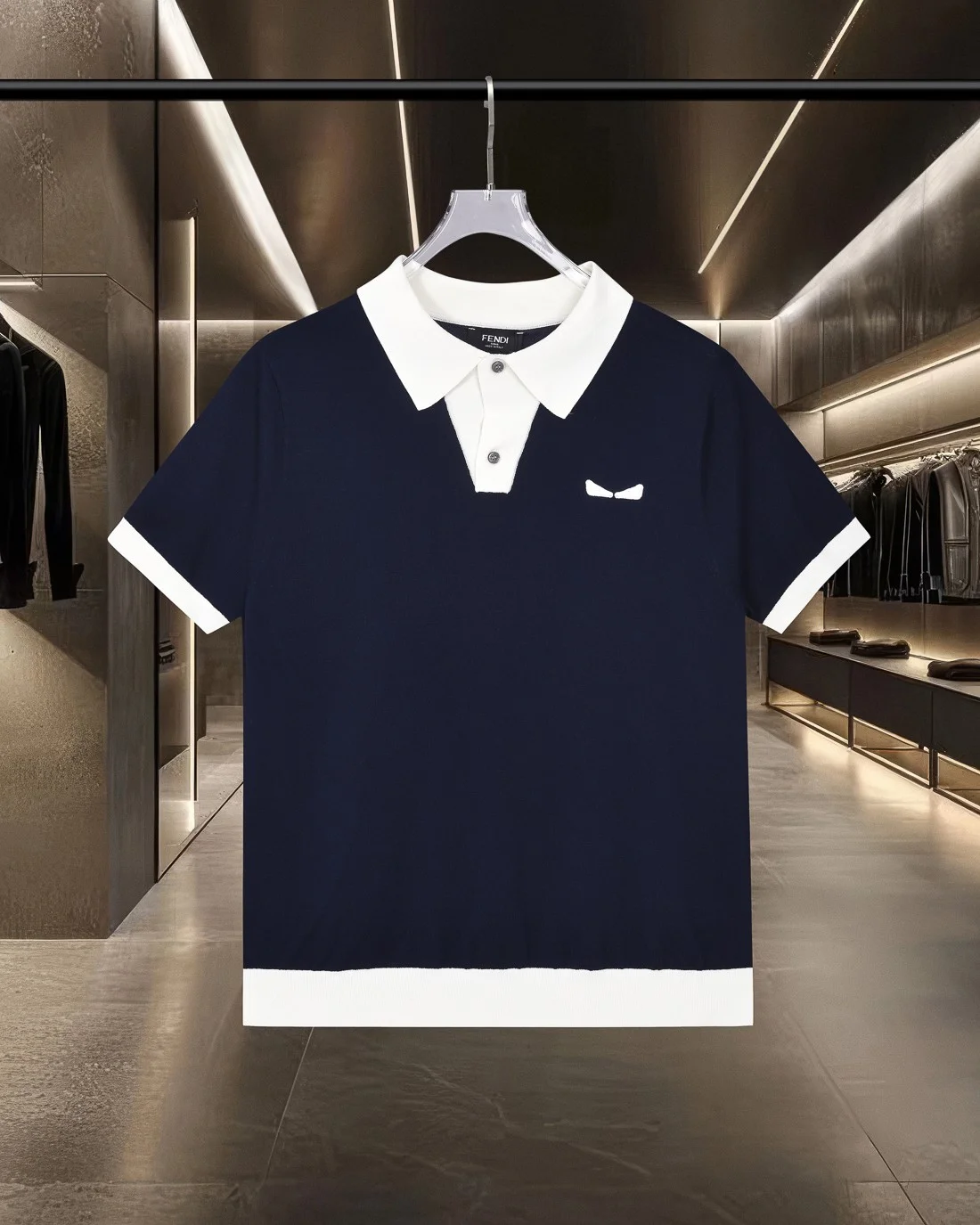 Fendi 2025 Navy Contrast Demon Eye Knit Polo Shirt
