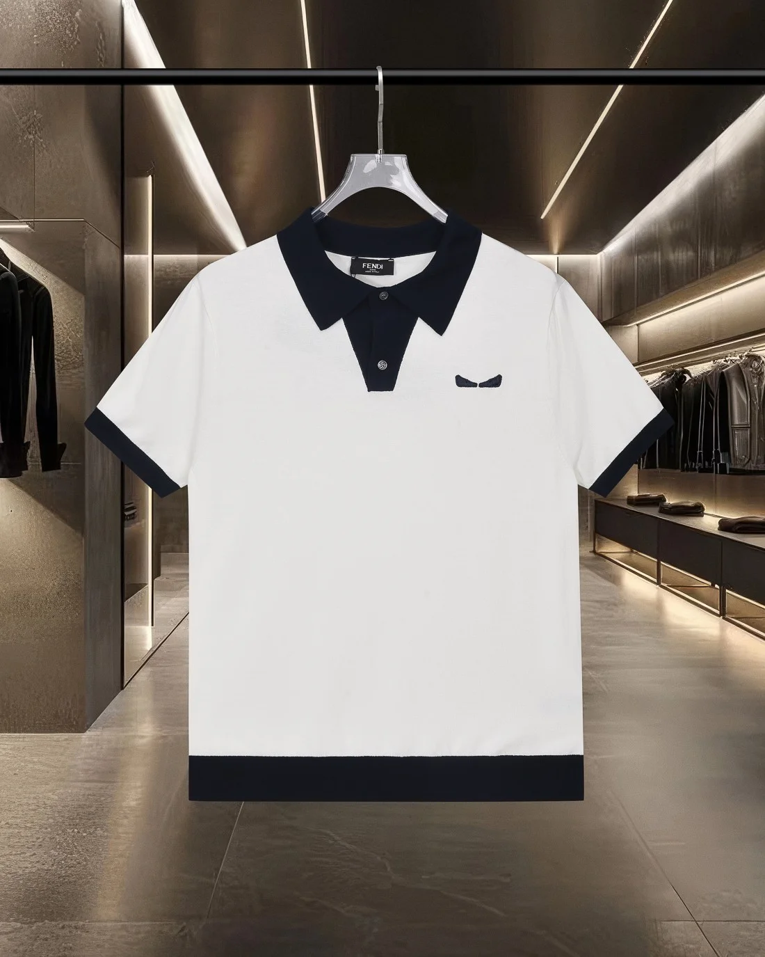 Fendi White&Navy Trim Demon Eyes Logo Knit Polo
