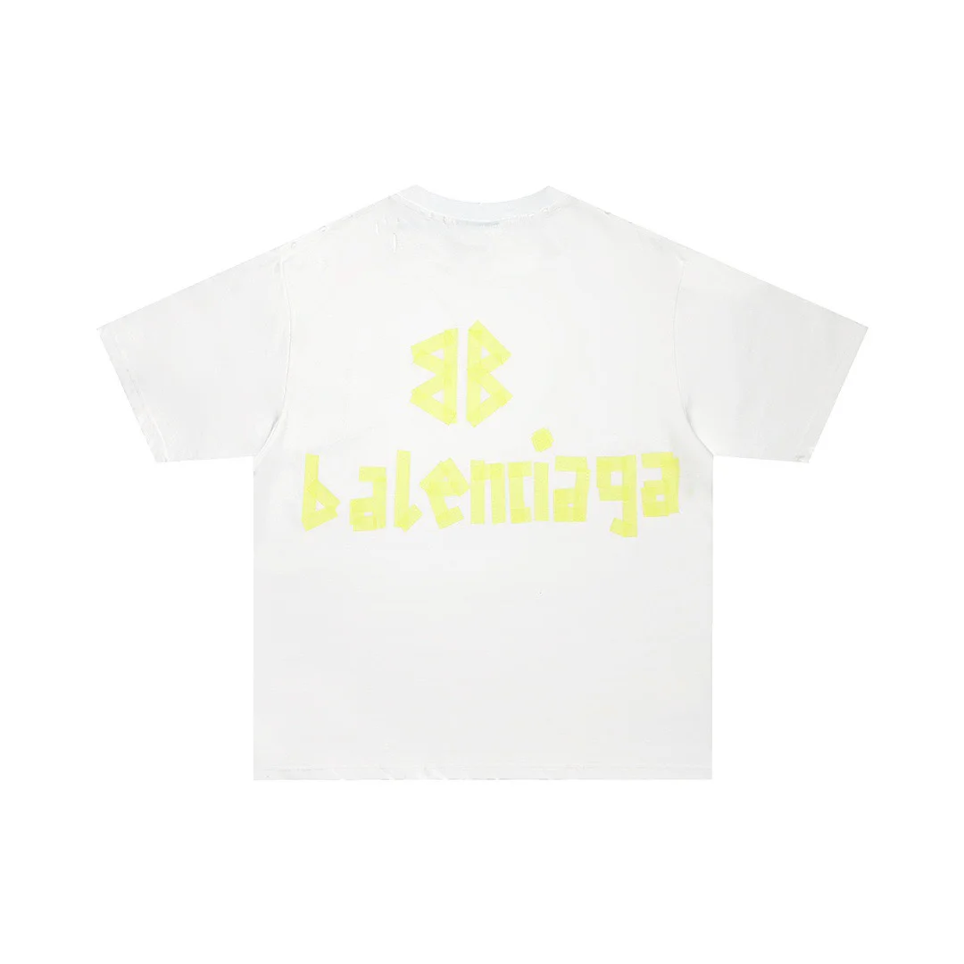Balenciaga White Yellow Tape Print T-Shirt