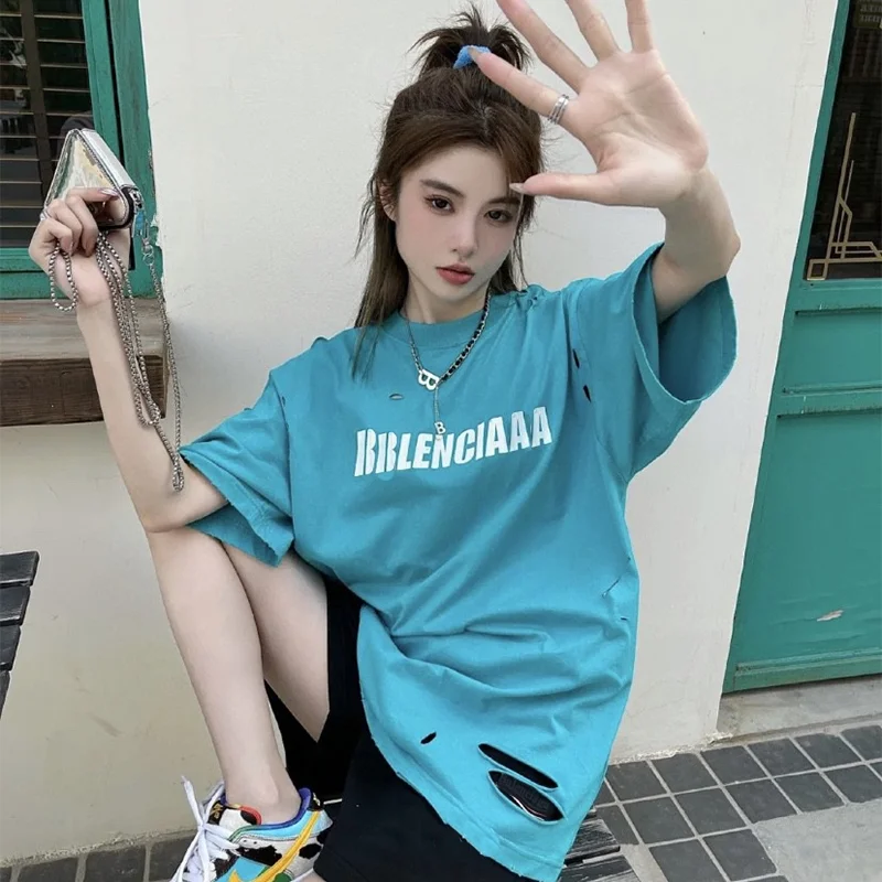 Balenciaga Turquoise Distressed Logo Ripped T-Shirt