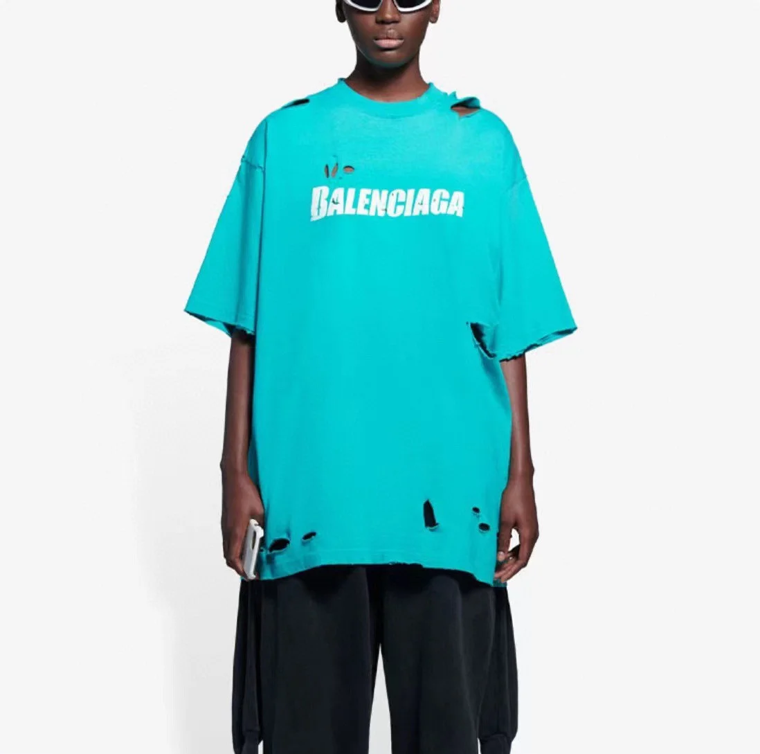 Balenciaga Turquoise Distressed Logo OS T-Shirt